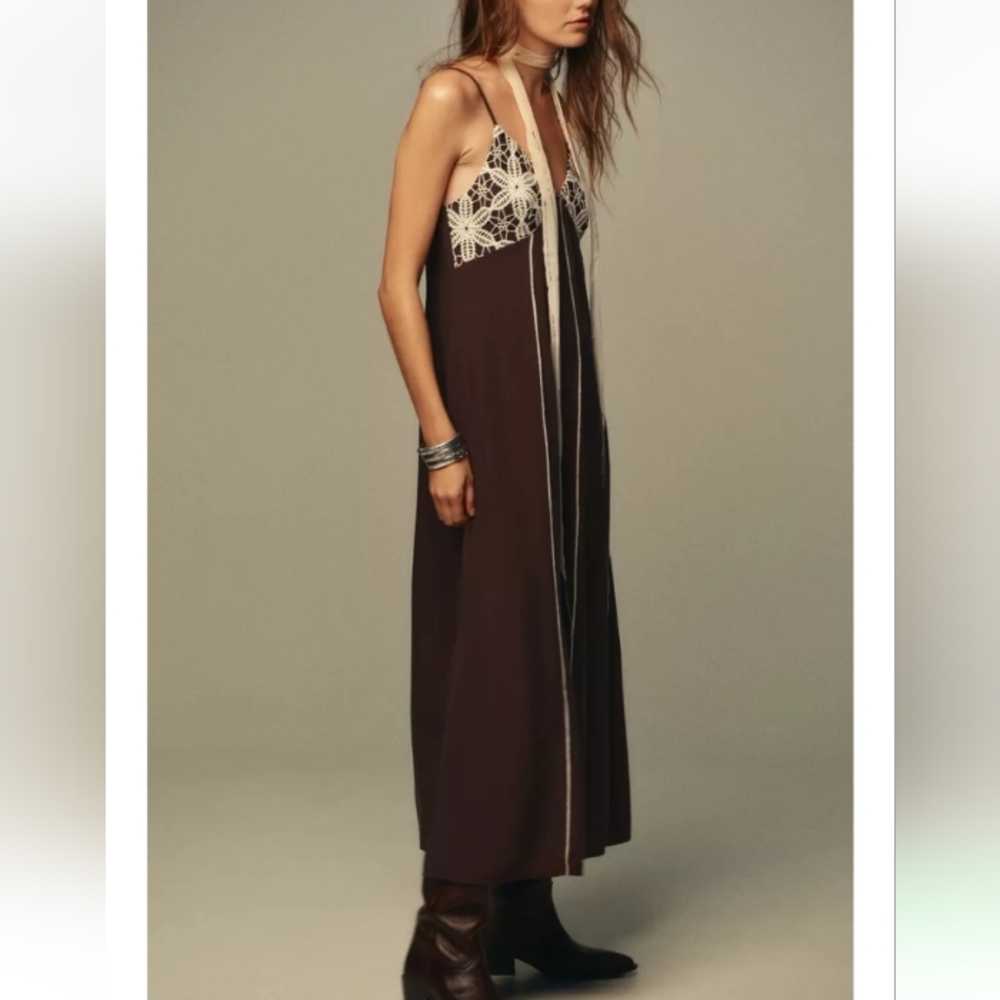 Zara Chocolate Brown Lace Trim Embroidered Strappy Long Dress - Picture 3 of 11